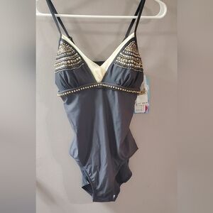 Christina Gray and Cream One Piece Swimsuit With Stylish Beaded Accents. Sz 14